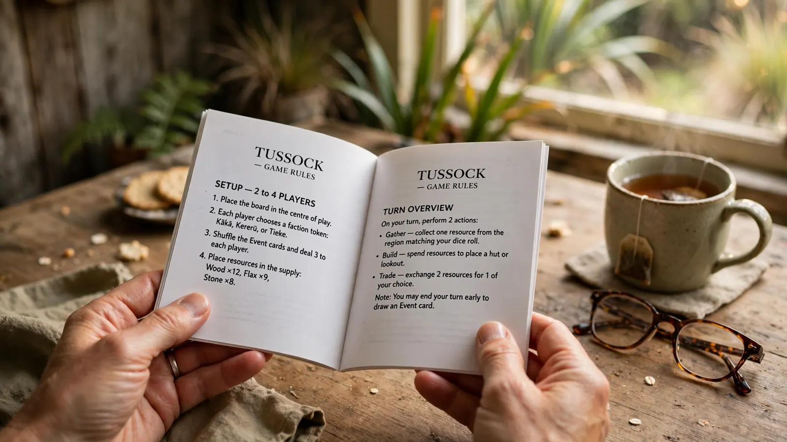 Hands reading printed game rules booklet with reading glasses on a table