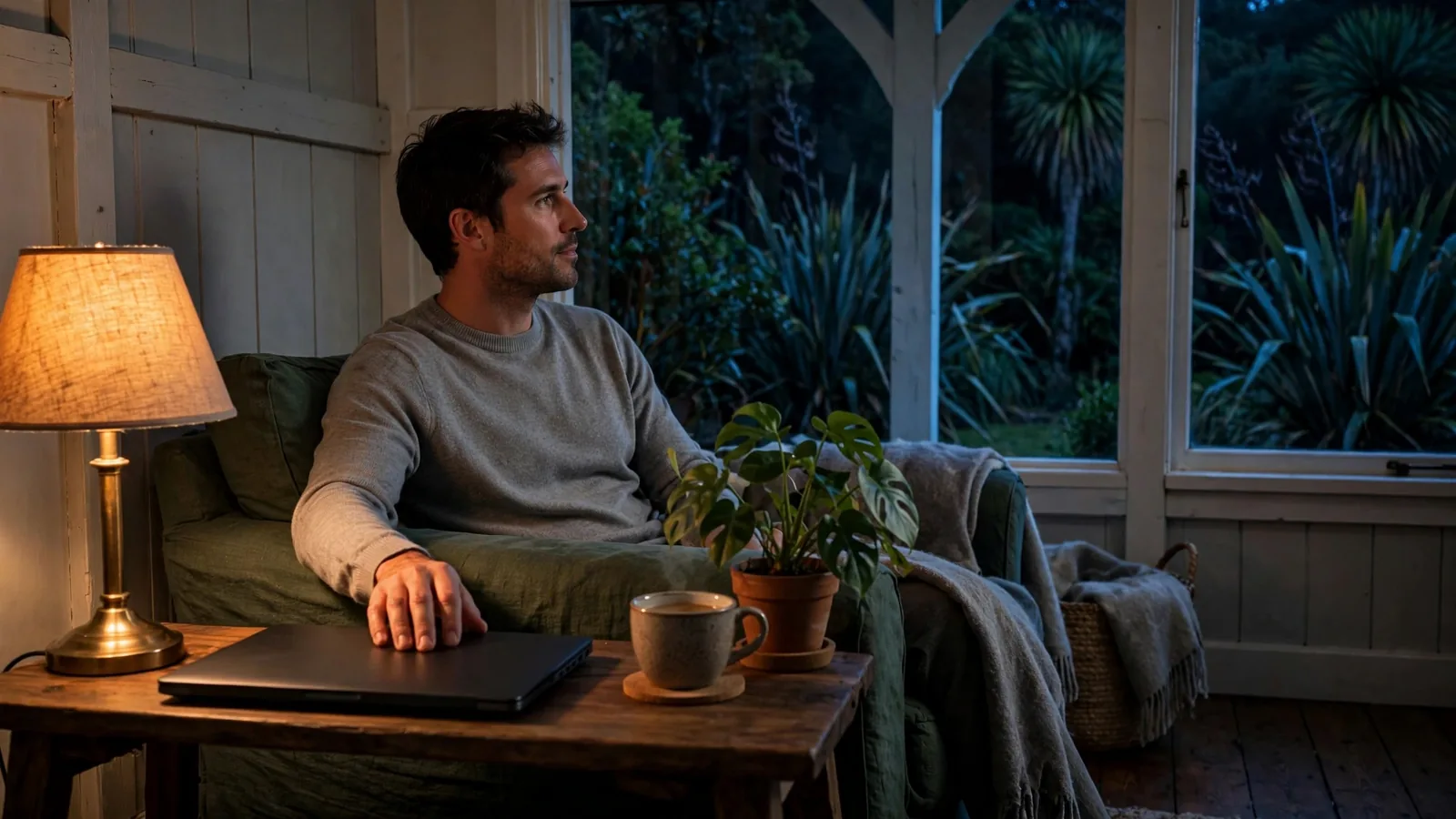 Person stepping away from a closed laptop in a softly lit evening room