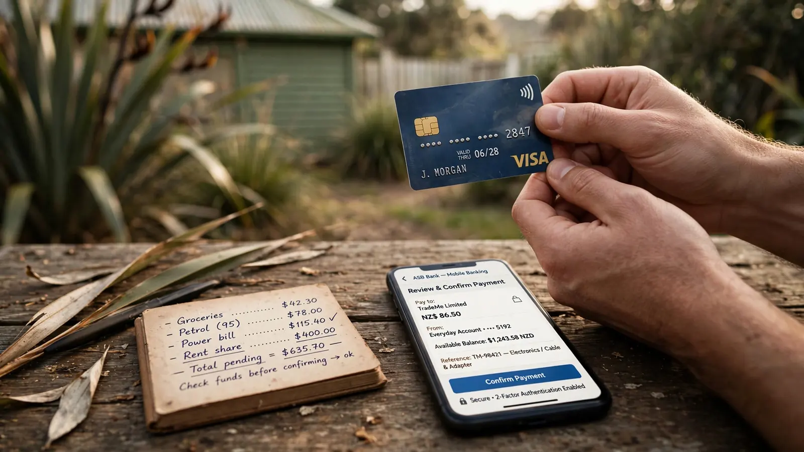 Hands holding a credit card with a notebook and smartphone on a table