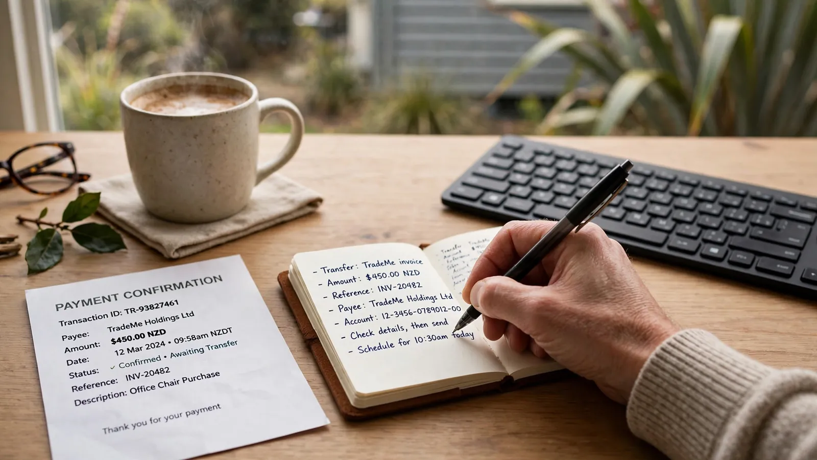 Hand writing notes in a journal beside a printed confirmation page